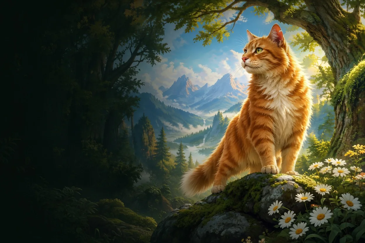 Ginger cat on a mossy rock in a dark forest opening onto mountains