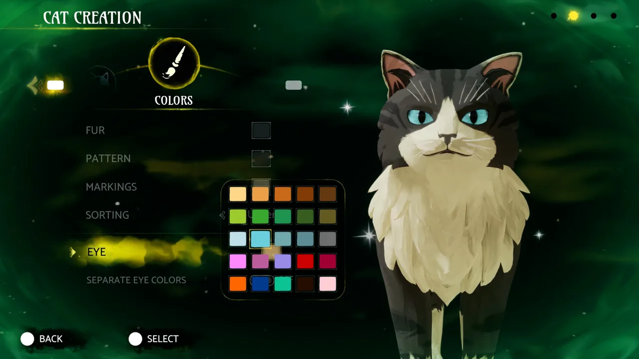 Cat creation color screen in Warrior Cats: Clans of the Forest