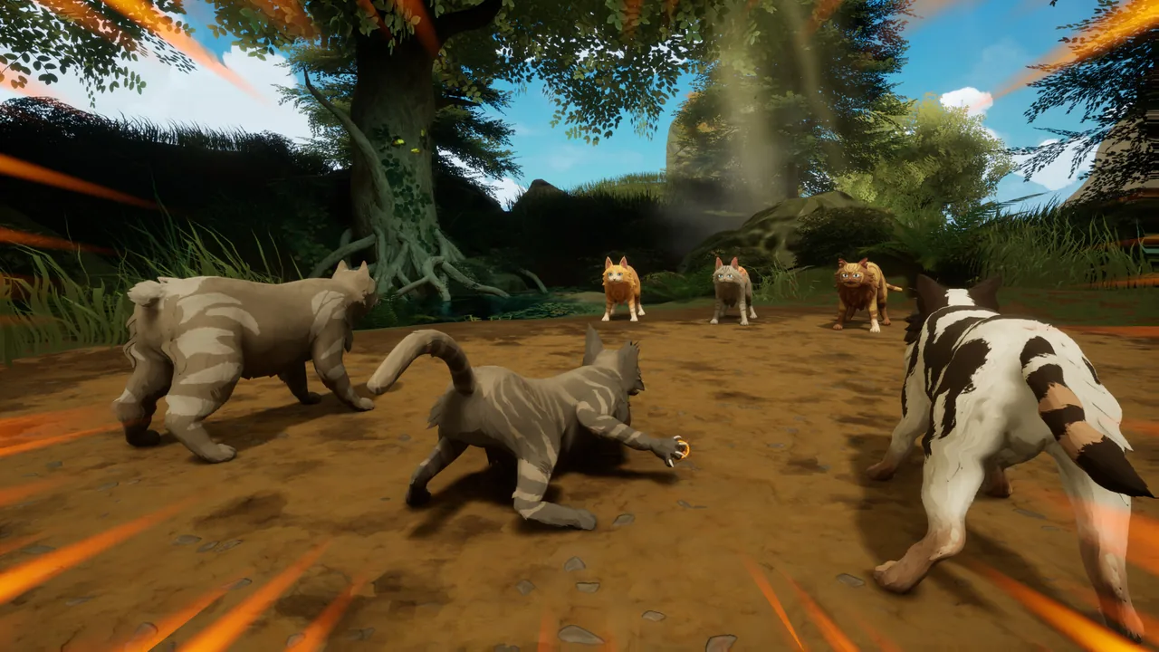 Cats facing each other in a forest clearing in Warrior Cats: Clans of the Forest