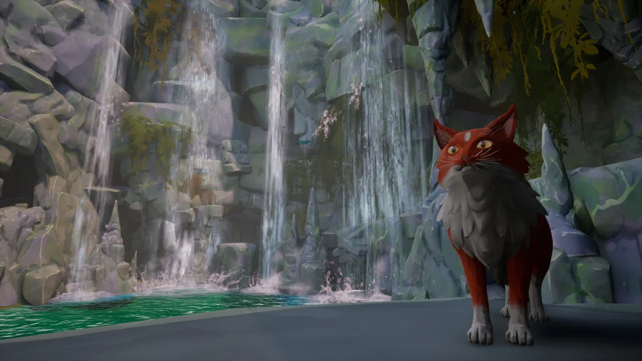 Red cat beside a pool beneath waterfalls in Warrior Cats: Clans of the Forest